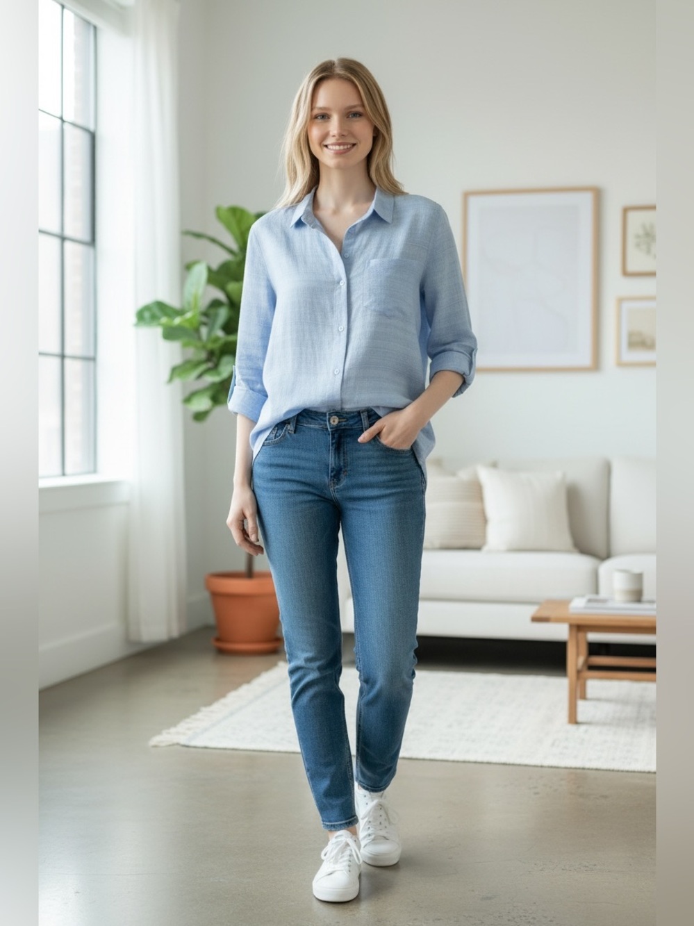 Croft & Barrow Textured Button Down Top with roll tab sleeves in light blue